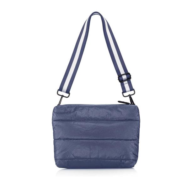 NEW HI LOVE TRAVEL women\'s puffer purse crossbody bag in shimmer navy